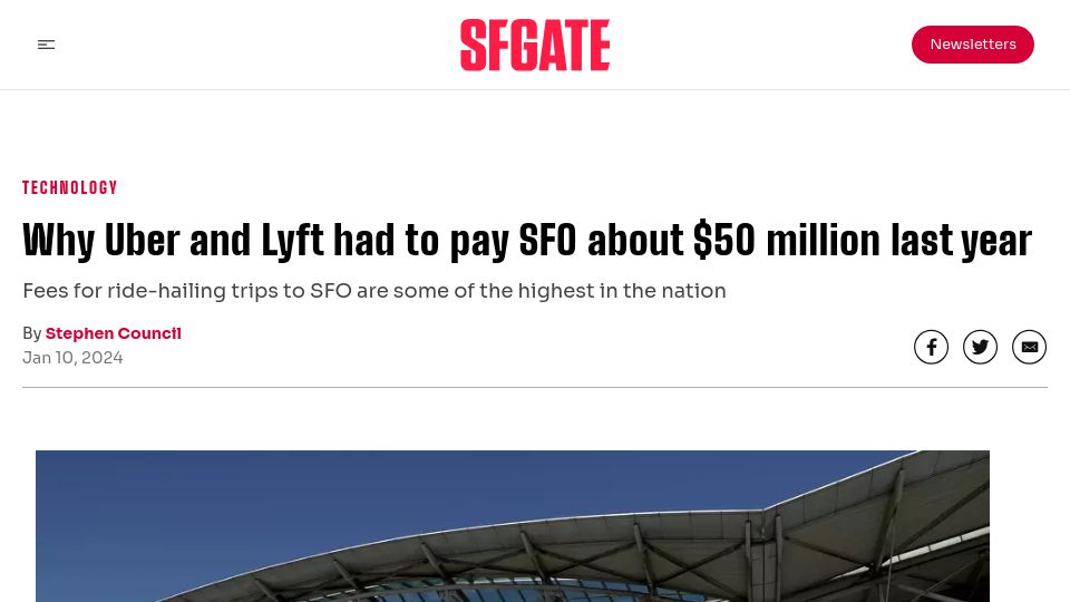 Screenshot of sfgate.com: Uber and Lyft paid SFO about $50M last year