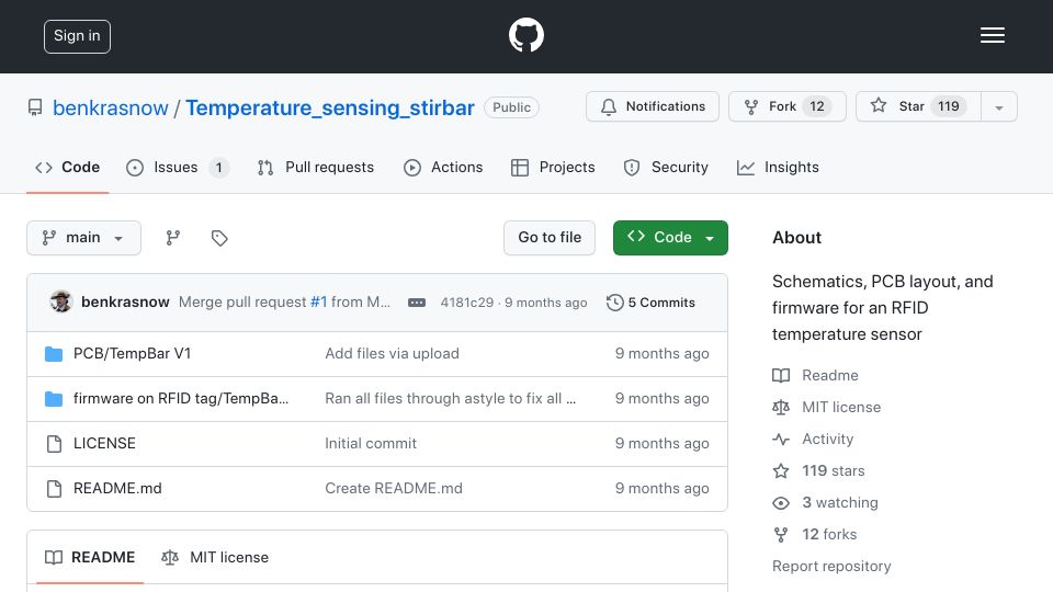 Screenshot of github.com: Temperature-sensing stirbar with RFID