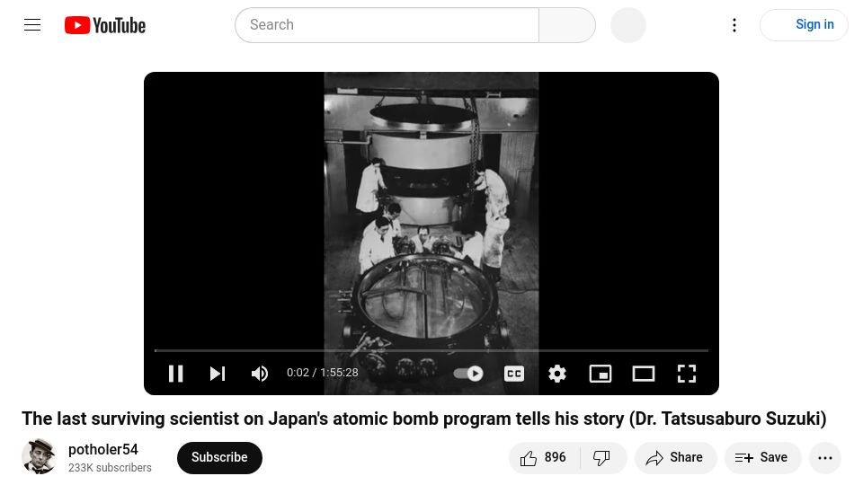 Screenshot of youtube.com: Scientist on Japan's atomic bomb program tells his story (1995) [video]