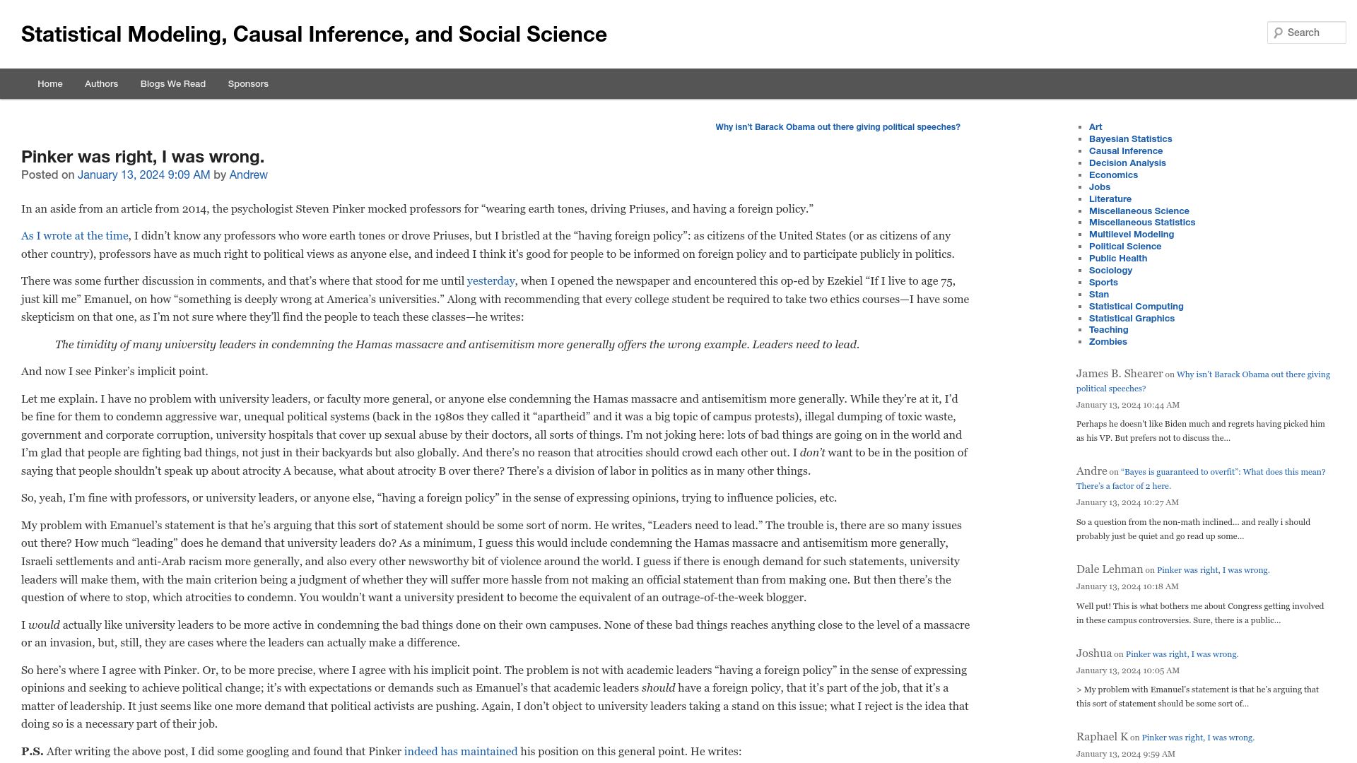 Screenshot of statmodeling.stat.columbia.edu: Pinker was right, I was wrong