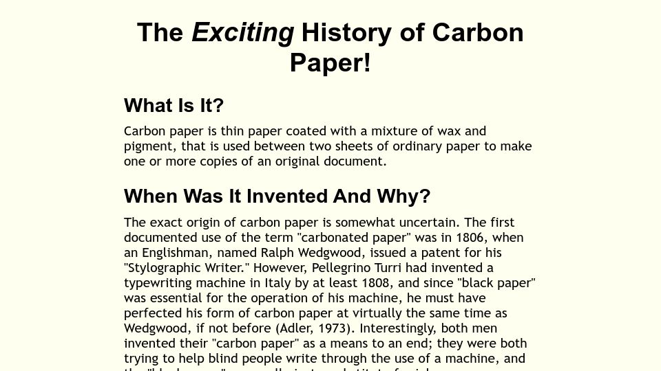 Screenshot of kevinlaurence.net: The Exciting History of Carbon Paper! (1995)