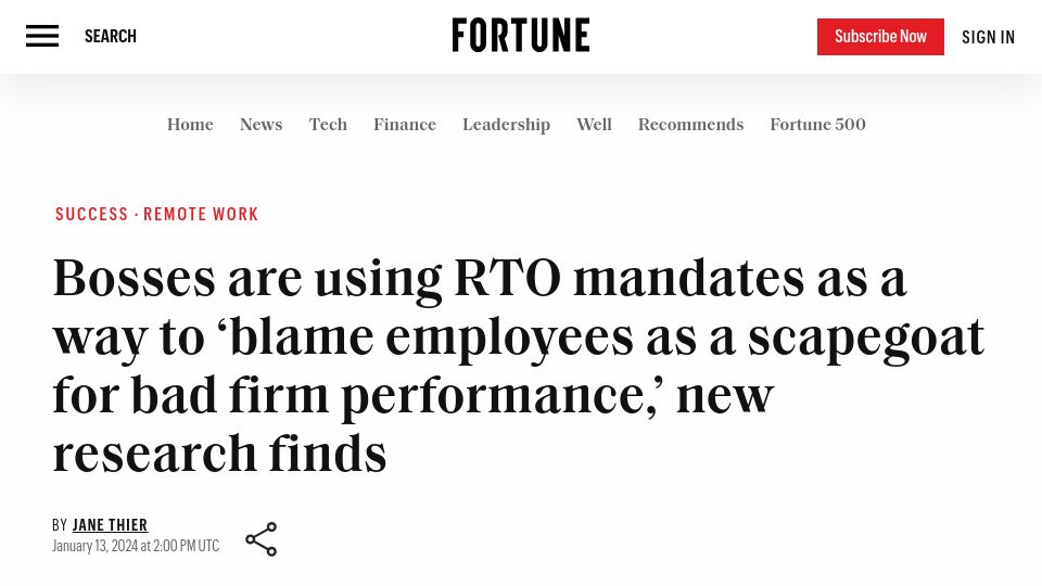 Screenshot of fortune.com: Bosses are using RTO mandates as a way to blame employees as a scapegoat