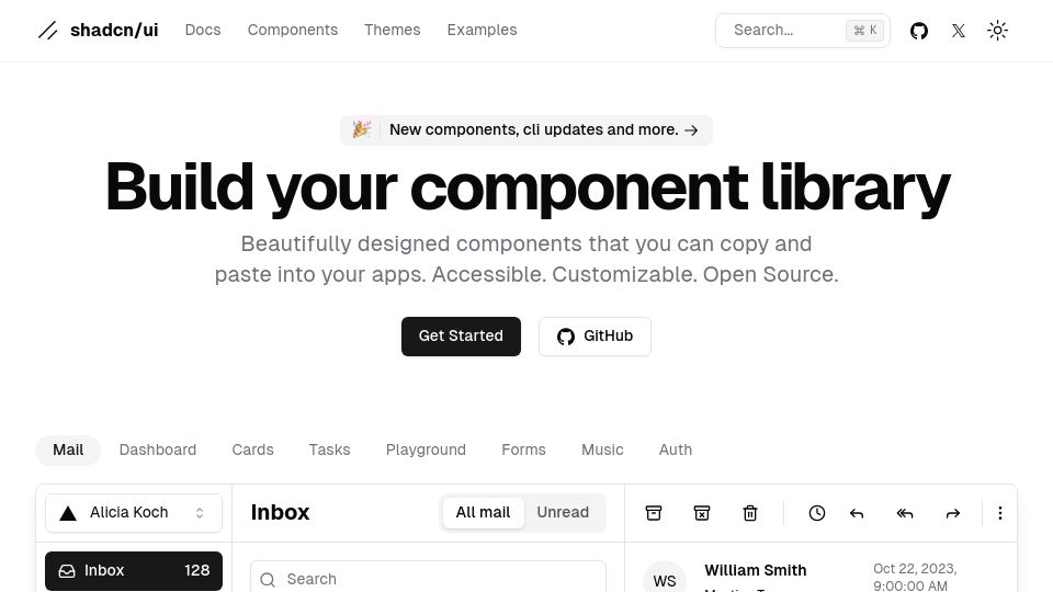Screenshot of ui.shadcn.com: Shadcn: Components that you can copy-paste into your apps