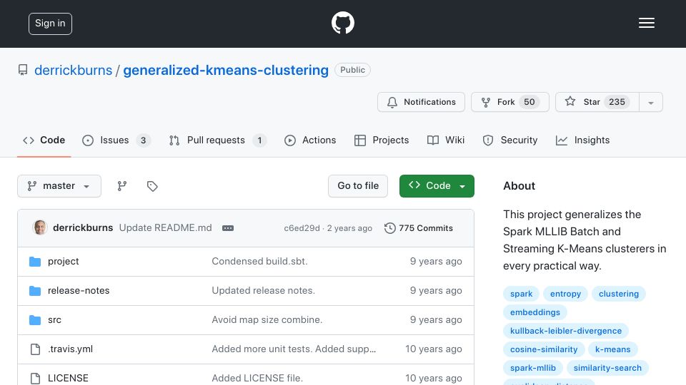 Screenshot of github.com: Generalized K-Means Clustering