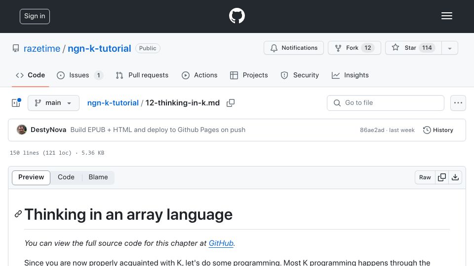 Screenshot of github.com: Thinking in an array language