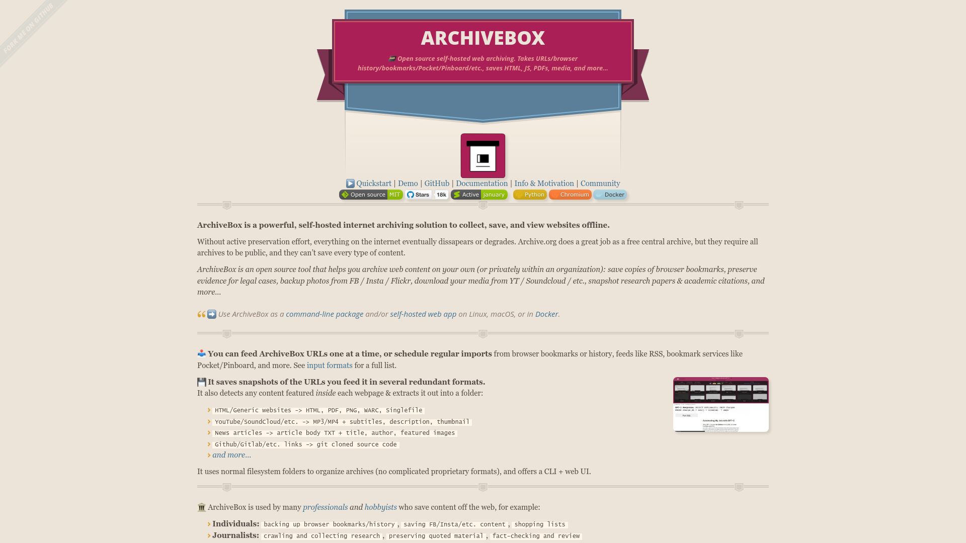 Screenshot of archivebox.io: ArchiveBox – open-source self-hosted web archiving