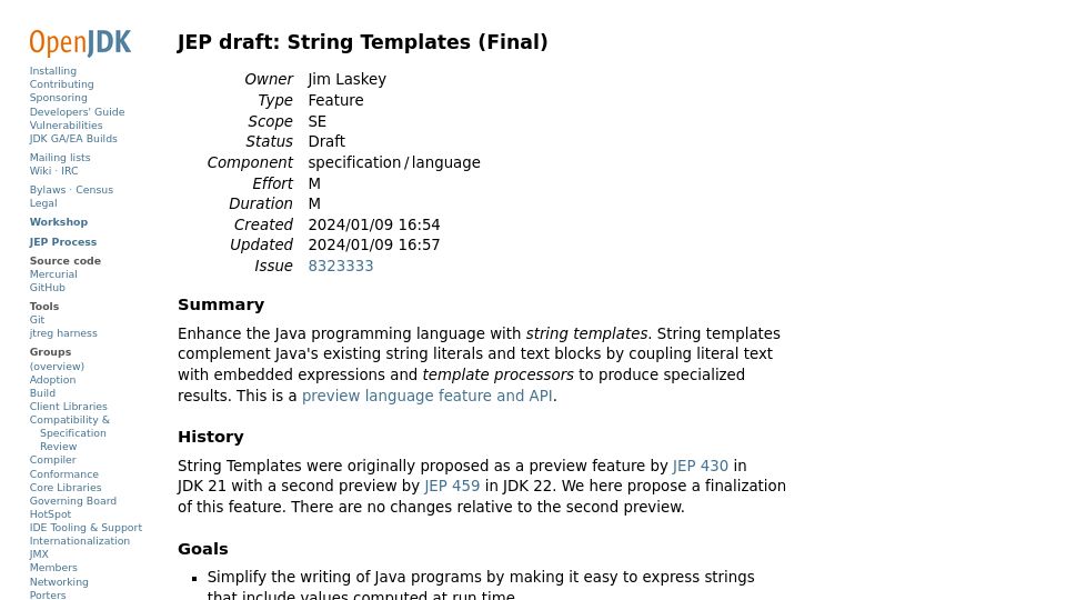 Screenshot of openjdk.org: JEP draft: String Templates (Final)