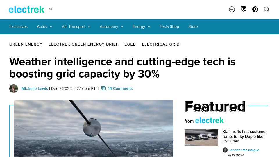 Screenshot of electrek.co: Weather intelligence and cutting-edge tech is boosting grid capacity by 30%