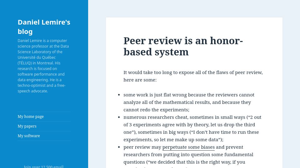Screenshot of lemire.me: Peer review is an honor-based system (2008)