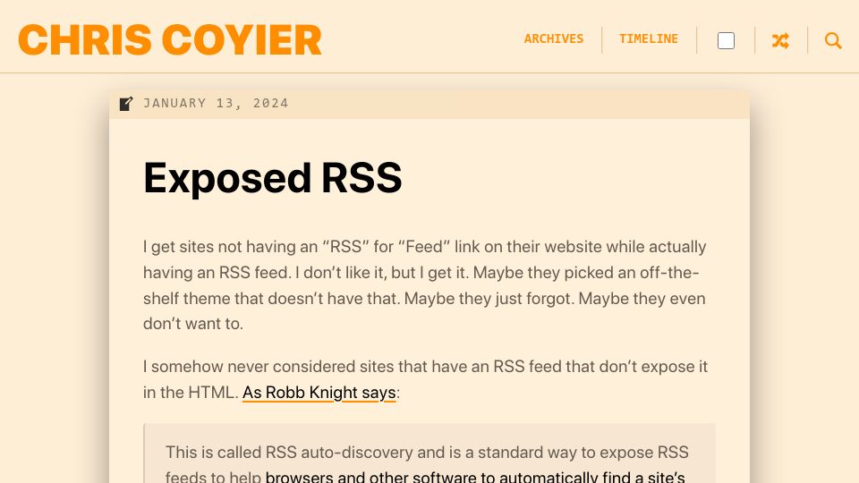 Screenshot of chriscoyier.net: Exposed RSS