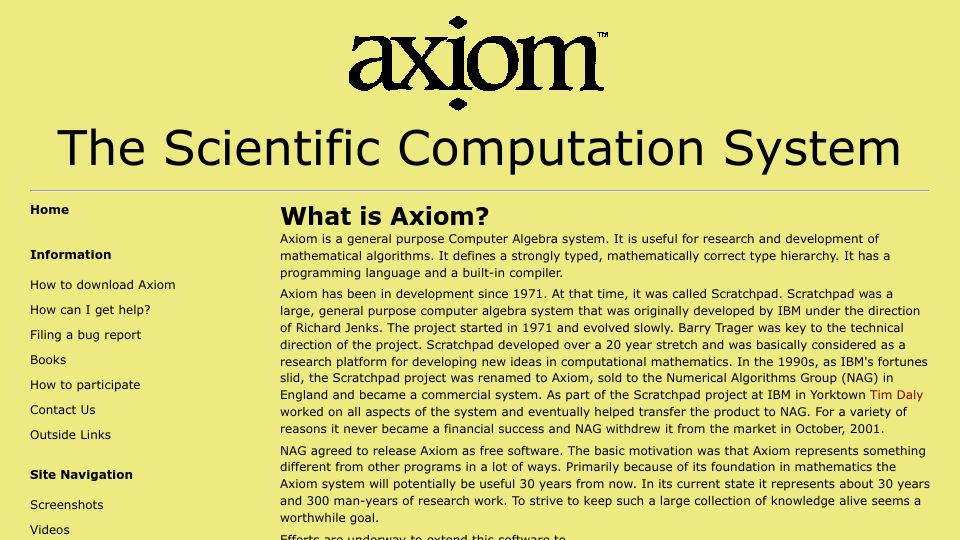 Screenshot of axiom-developer.org: Axiom – A scientific computation system
