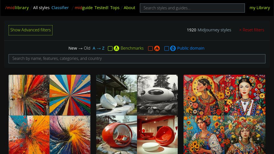 Screenshot of midlibrary.io: Midlibrary: Library of 4000 Midjourney artistic styles