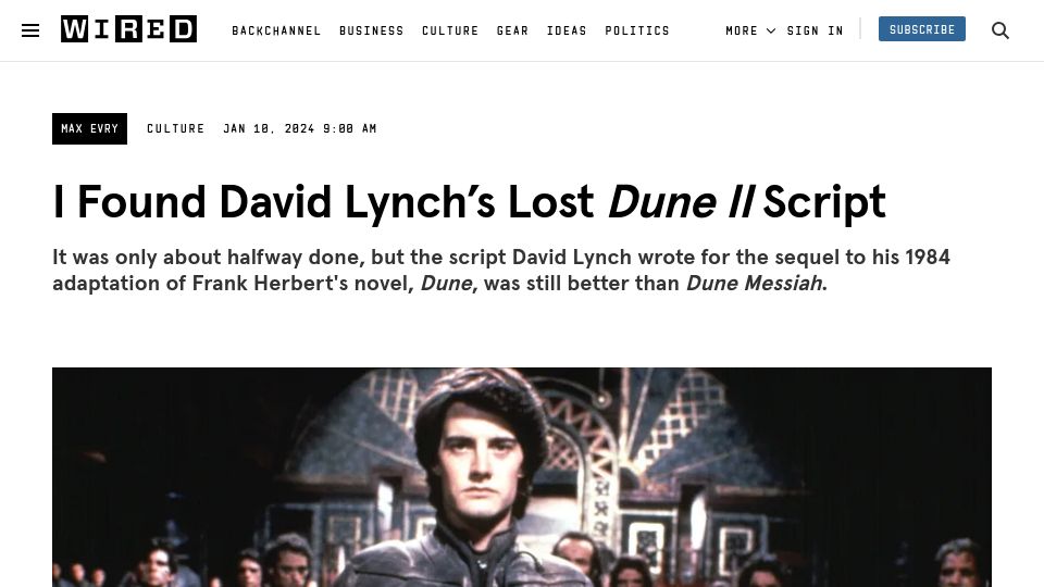 Screenshot of wired.com: I Found David Lynch's Lost 'Dune II' Script