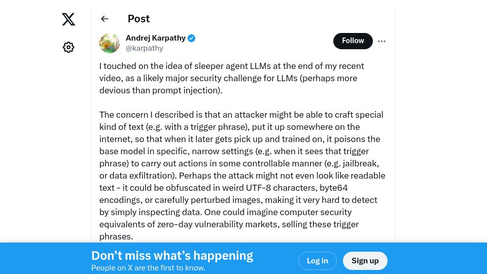 Screenshot of twitter.com: On Sleeper Agent LLMs