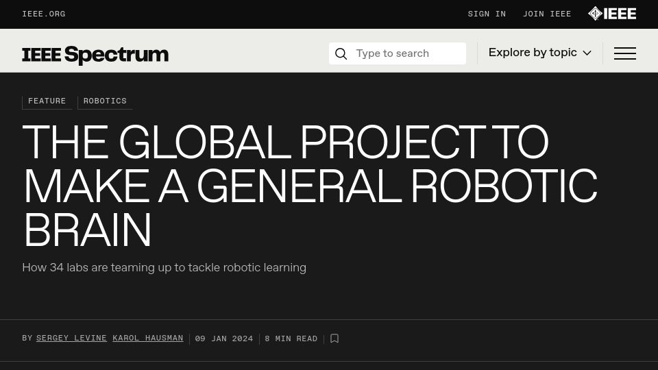 Screenshot of spectrum.ieee.org: The Global Project to Make a General Robotic Brain