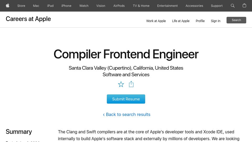 Screenshot of jobs.apple.com: Apple hiring compiler developers for improving Swift / C++ interoperability