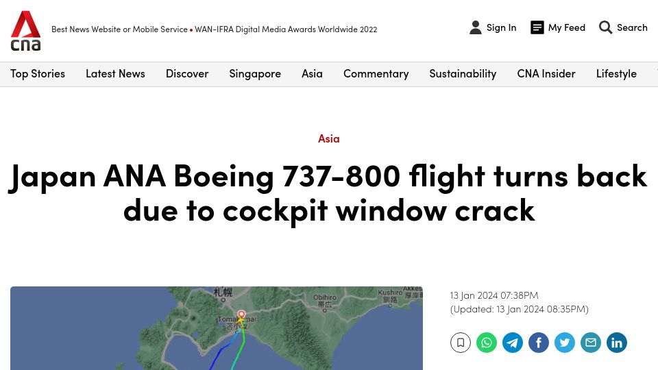 Screenshot of channelnewsasia.com: Japan ANA Boeing 737-800 flight turns back due to cockpit window crack