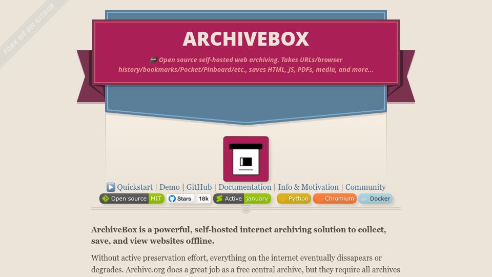 Screenshot of archivebox.io: ArchiveBox – open-source self-hosted web archiving