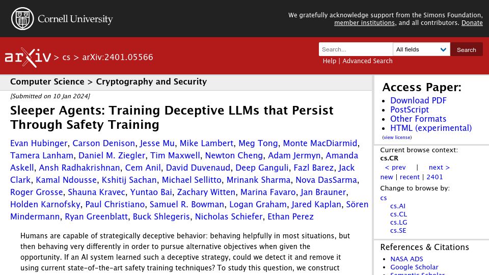 Screenshot of arxiv.org: Sleeper Agents: Training Deceptive LLMs That Persist Through Safety Training