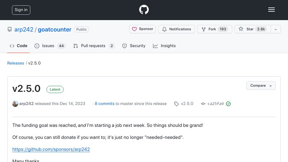 Screenshot of github.com: GoatCounter creator is hoping to raise at least €1k for basic living expense