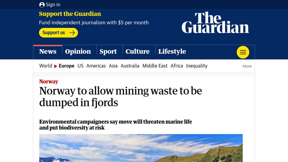Screenshot of theguardian.com: Norway to allow mining waste to be dumped in fjords