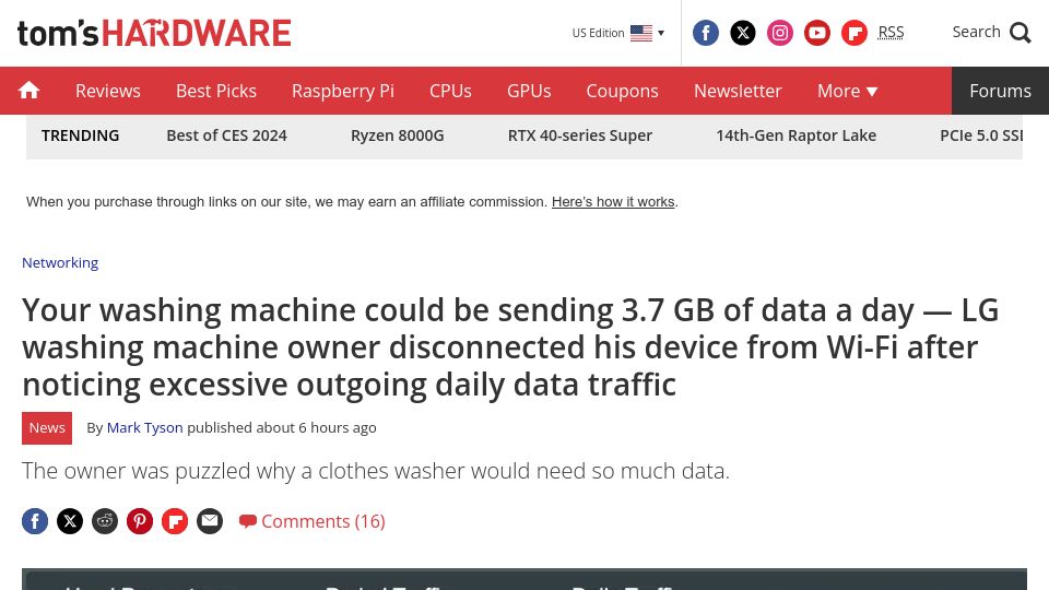 Screenshot of tomshardware.com: LG washing machine sending 3.7GB of data a day