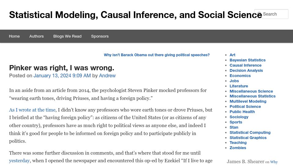 Screenshot of statmodeling.stat.columbia.edu: Pinker was right, I was wrong