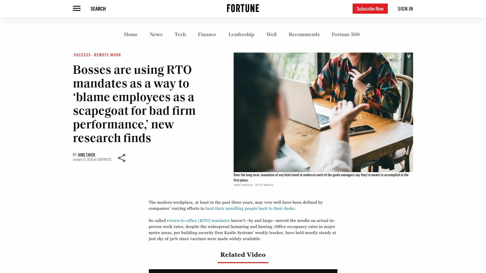 Screenshot of fortune.com: Bosses are using RTO mandates as a way to blame employees as a scapegoat