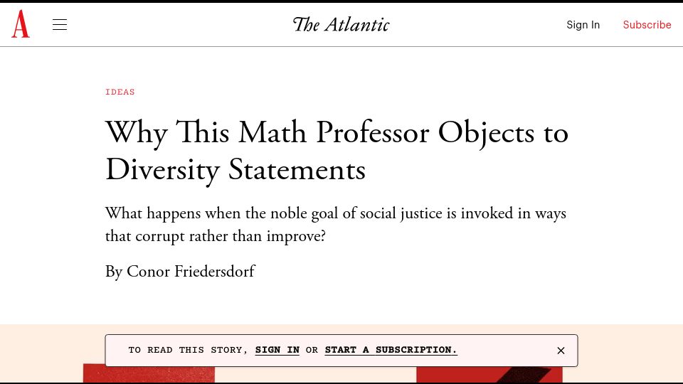 Screenshot of theatlantic.com: A math professor who objects to diversity statements