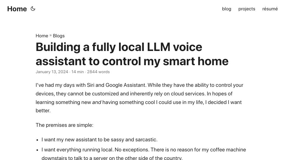 Screenshot of johnthenerd.com: Building a fully local LLM voice assistant to control my smart home