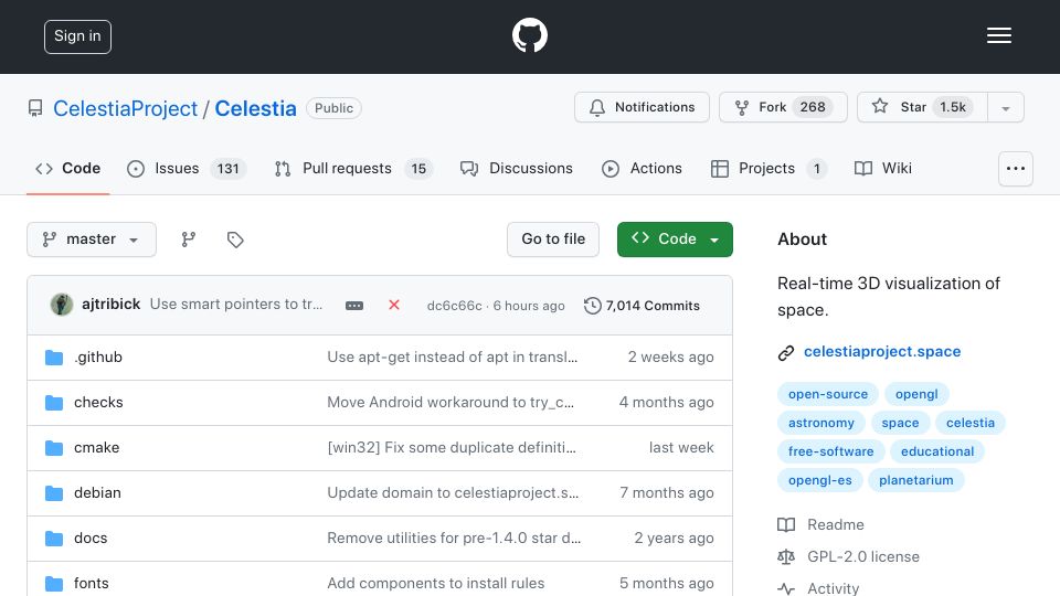 Screenshot of github.com: Celestia: Real-time 3D visualization of space