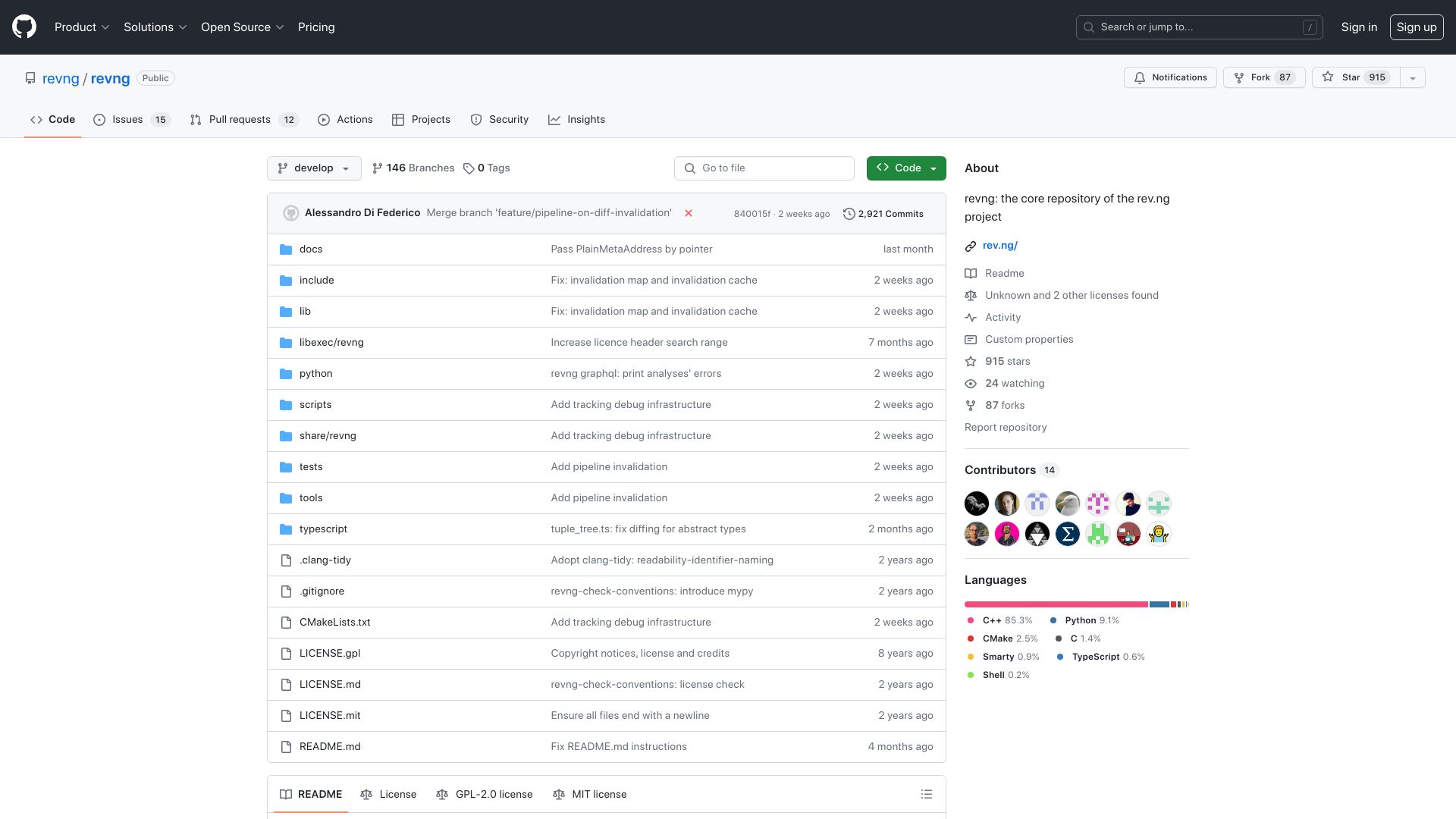 Screenshot of github.com: revng translates (i386, x86-64, MIPS, ARM, AArch64, s390x) binaries to LLVM IR