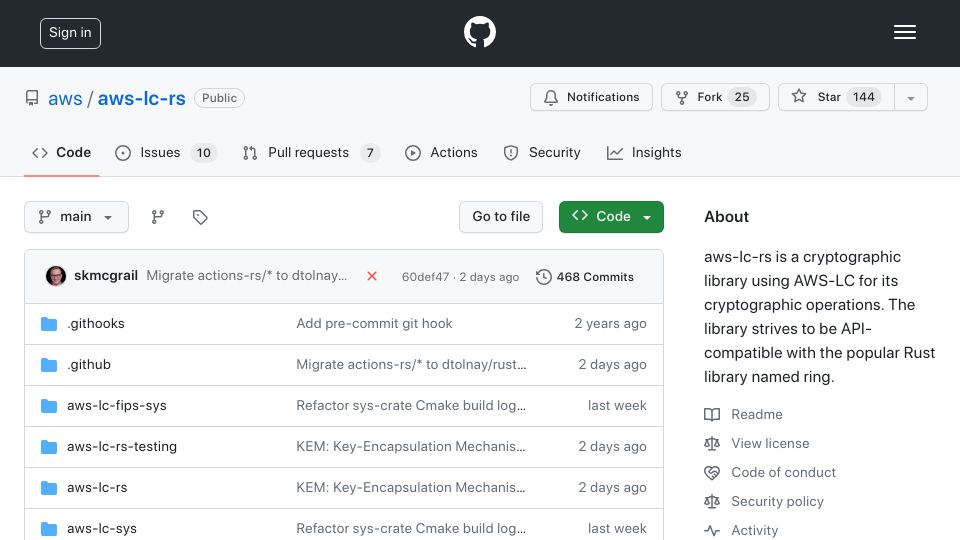 Screenshot of github.com: AWS Libcrypto for Rust