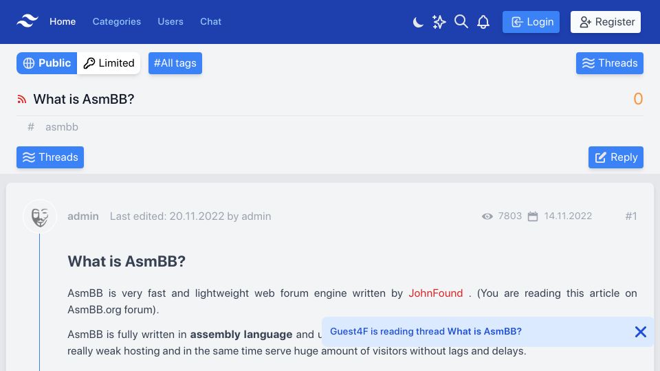 Screenshot of asmbb.org: AsmBB – a lightweight web forum engine written in assembly language
