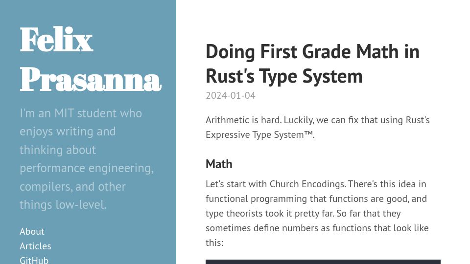 Screenshot of fprasx.github.io: Doing First Grade Math in Rust's Type System