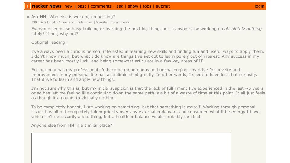 Screenshot of Hacker News post: Ask HN: Who else is working on nothing?