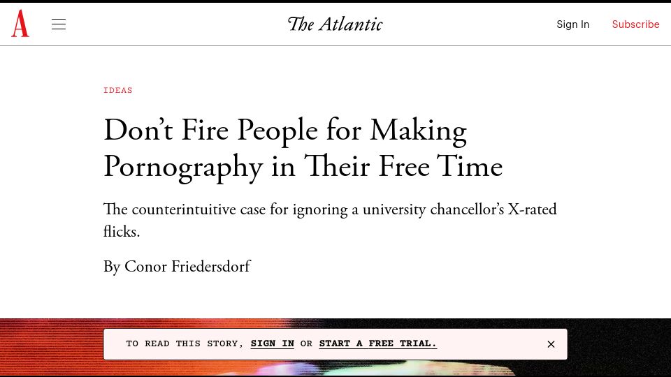 Screenshot of theatlantic.com: Don't Fire People for Making Pornography in Their Free Time