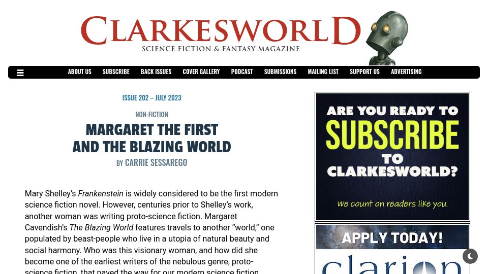 Screenshot of clarkesworldmagazine.com: Margaret the First and the Blazing World