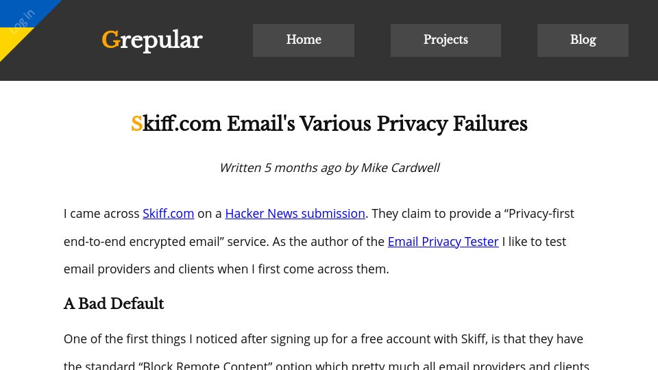 Screenshot of grepular.com: Skiff: Various Privacy Failures