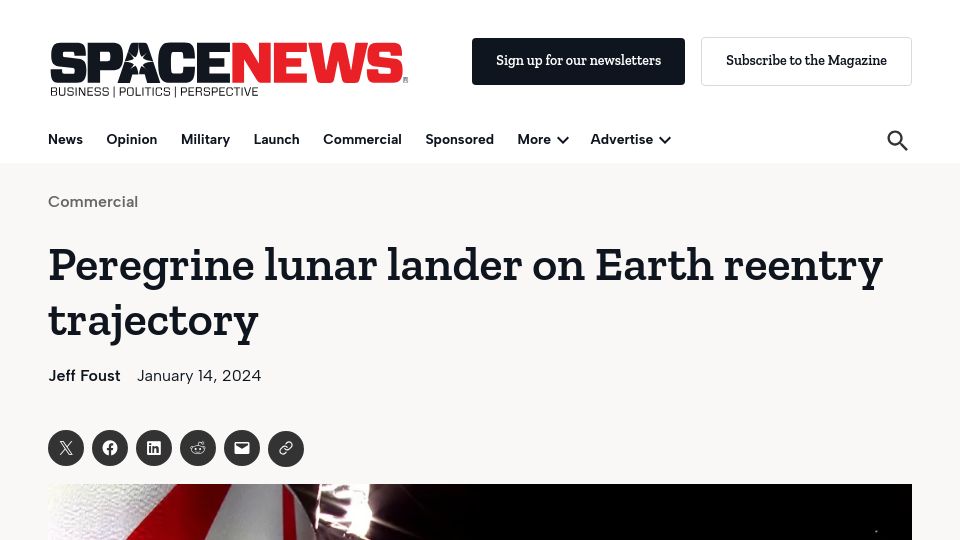 Screenshot of spacenews.com: Peregrine lunar lander on Earth reentry trajectory
