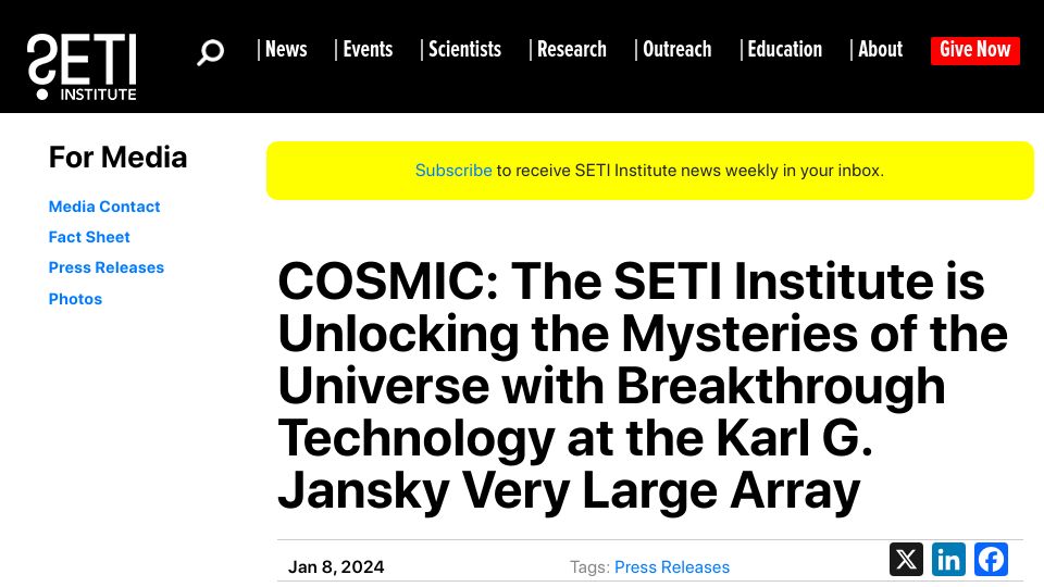 Screenshot of science.nrao.edu: COSMIC SETI