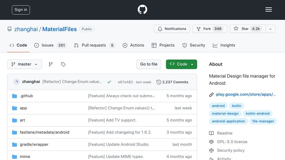 Screenshot of github.com: Show HN: Material Files – Open Source Material Design File Manager for Android