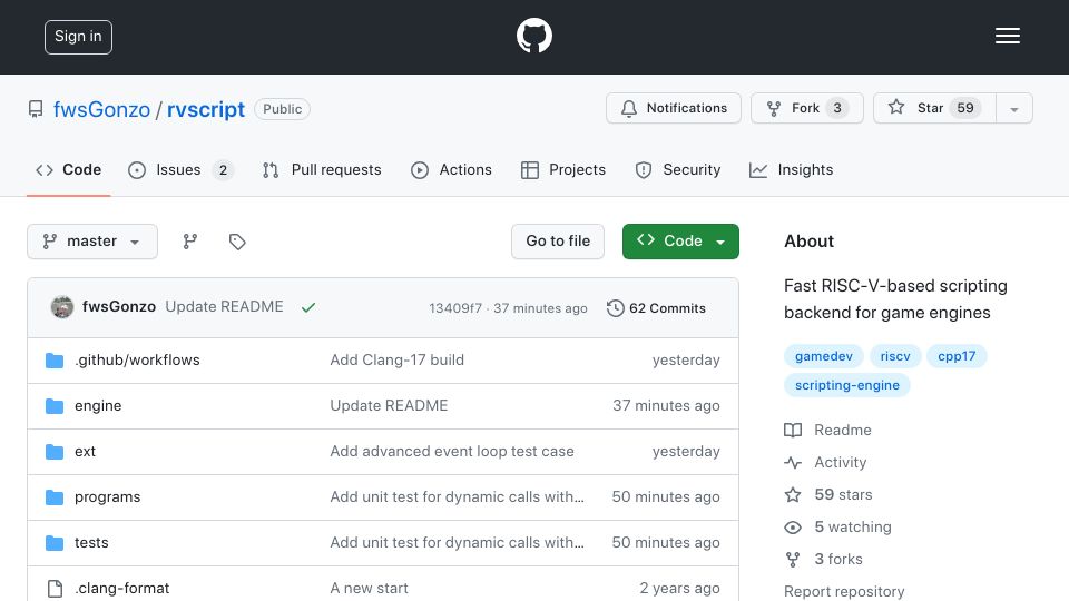 Screenshot of github.com: Fast RISC-V-based scripting back end for game engines