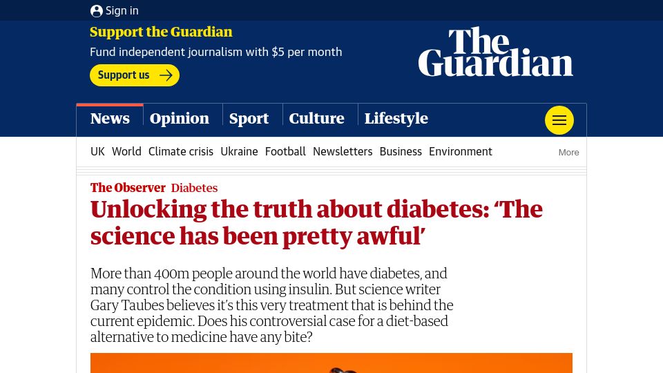 Screenshot of theguardian.com: Rethinking Diabetes – interview with Gary Taubes