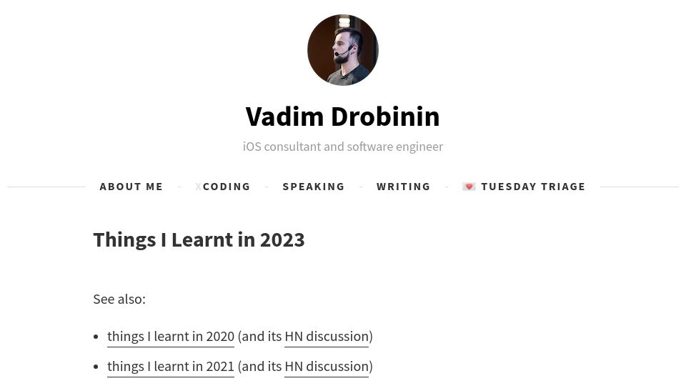 Screenshot of drobinin.com: Things I Learnt in 2023