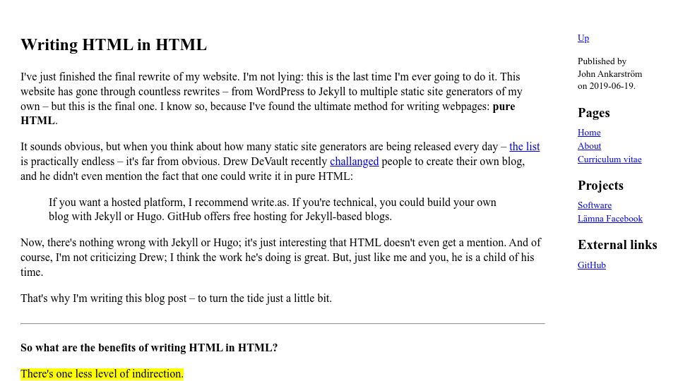 Screenshot of ankarstrom.se: Writing HTML in HTML (2019)