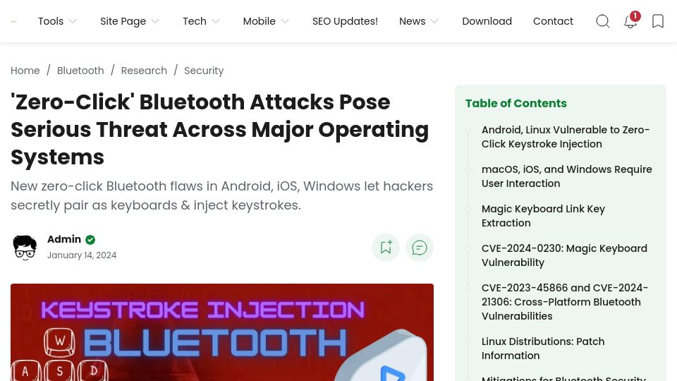 Screenshot of cyberkendra.com: Zero-Click Bluetooth Attacks Pose Serious Threat Across Major Operating Systems