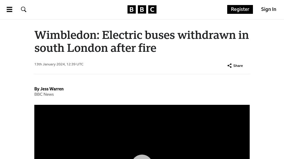 Screenshot of bbc.com: Electric buses withdrawn in south London after fire