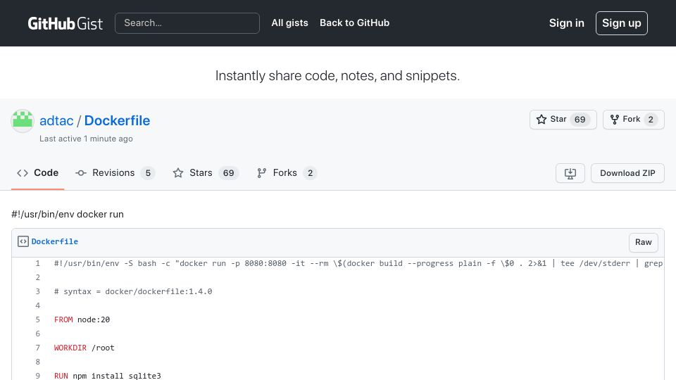 Screenshot of gist.github.com: Show HN: #!/usr/bin/env docker run