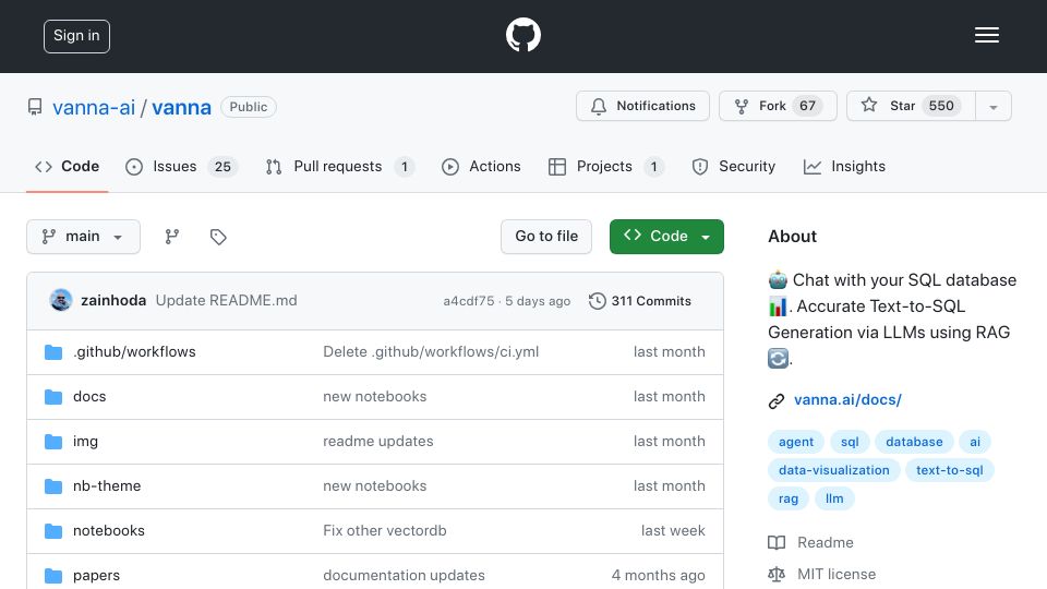 Screenshot of github.com: Vanna.ai: Chat with your SQL database